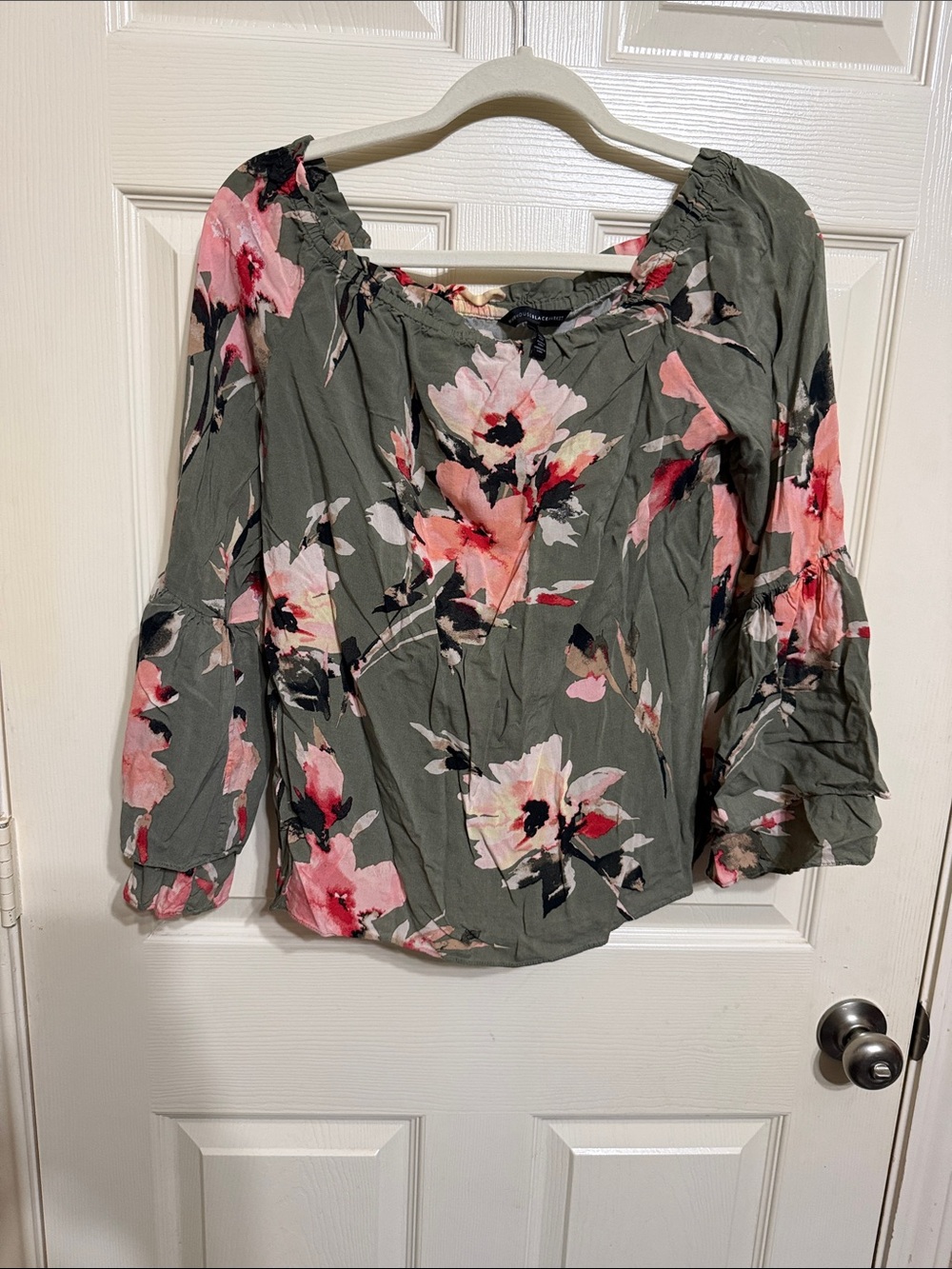 White House Black Market Olive Green Off-Shoulder Blouse with Pink Floral